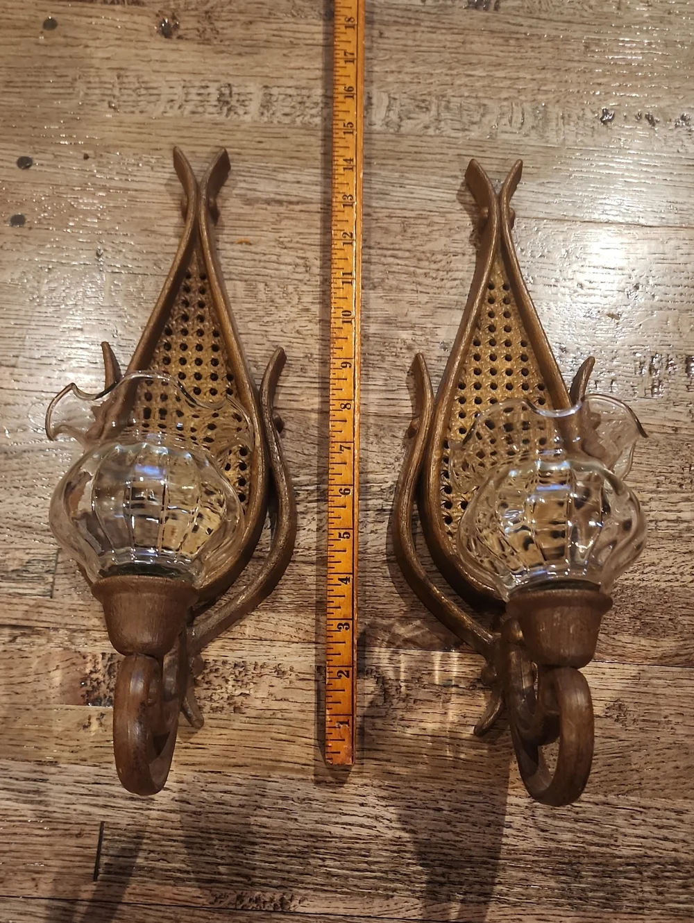 Pair of Brown Decorative Wall Candle Sconces with Clear Glass Shades